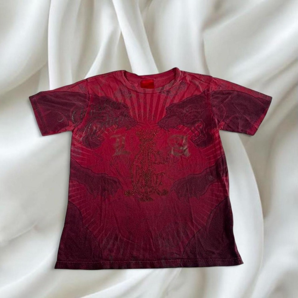 Christian Audigier Ed Hardy red lion AOP graphic top y2k vintage mcbling grunge